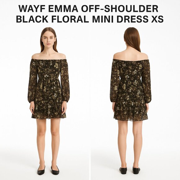 WAYF Emma Off-Shoulder Black Floral Mini Dress XS - Picture 1 of 11